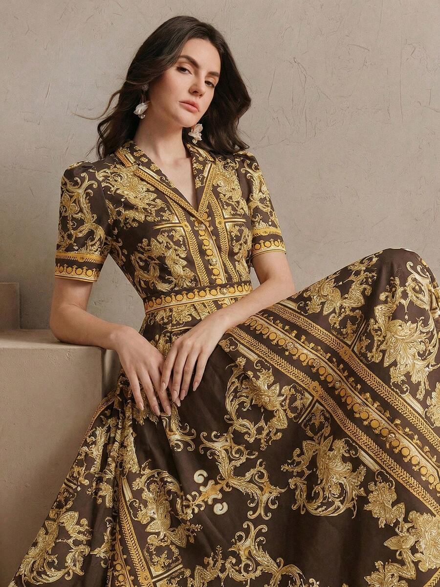 Elegant Floral Print Waist Cinched Collared Single-Breasted Dress, Suitable For Festivals, Going Out, Vacation Outfits For Women - Yellow - View 1