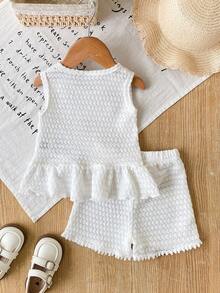 SHEIN 2025 Summer New Baby Girls Floral Rainbow Stripe Knit Sleeveless Top With Polka Dot Ruffle + Comfortable Wide Leg Shorts Set - White - View 3