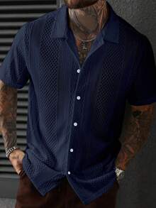 SLATEMANN Plus Size Men's Solid Color Textured Knit Jacquard Short Sleeve Shirt - Royal Blue - View 5