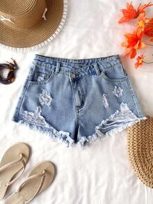 SHEIN Teen GirlBlue Ripped Denim Shorts - Medium Wash - View 2