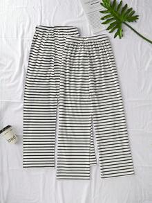 Napfluff Women's Casual Knit Striped Print Drawstring Pants 2 Pieces Set - White - View 2