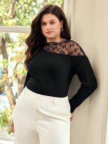 MOTF PREMIUM BLUSA DE ENCAJE Y PUNTO PARA MUJER TALLA GRANDE, NEGRA - Negro - Ver 6