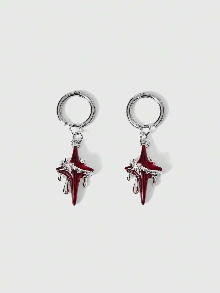 Grunge Punk 1 Pair Gothic Style Red Star Chain Cross Earrings, Red Crystal Spider Earrings, Punk Style Heart Cross Earrings, Fashionable Korean Design - Multicolor - View 1