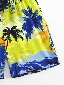SHEIN Tween Boys Swimwear Set, Coconut Tree Print Short Sleeve Rash Guard Top Paired With Beach Shorts, Casual Sports Swimsuit For Summer - Multicolor - View 5