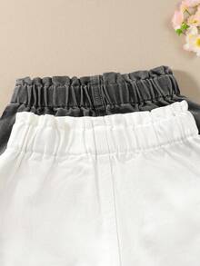 SHEIN 2件套女婴休闲可爱蓝色水洗牛仔短裤套装 - 白色 - 查看 5