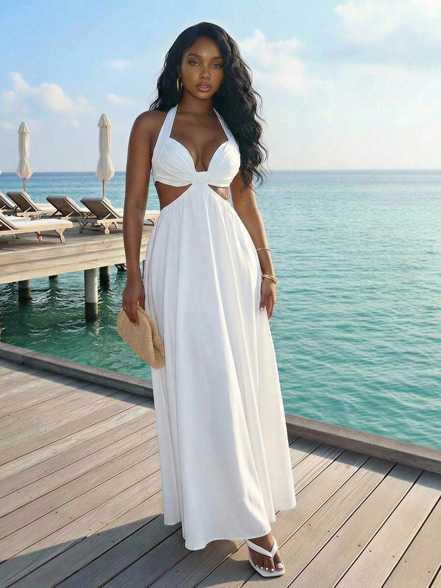 Slaydiva 早春新款、春夏音乐节、情人节、复活节、婚礼季、假日季、海滩度假、休闲、优雅、通勤、日常穿着、工作服、度假、派对、邮轮、派对、基础款、日常约会、吊带、系带、心形领、露背、A字裙、白色连衣裙、伞裙、女士长裙 -A