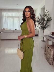 Xyvia Conjunto de dos piezas de primavera/verano nuevo con top bralette de hombros descubiertos con textura elástica en verde oliva elegante y sexy con diseño de bajo asimétrico + pantalones de pierna ancha para vacaciones en la playa. Conjunto de dos piezas de punto para uso festivo (Navidad, Día del Maestro, Carnaval, Pascua, Día de San Valentín, Mes del Orgullo) con estilo de resort, estilo de cóctel ligero, equilibrando la sensualidad con la practicidad diaria. - Verde - Ver 6