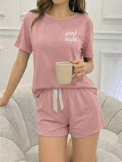 Conjunto de 2 piezas de pantalón y/o Short  blusa de manga Corta de cuello redondo de unicolor, de punto jacquard, holgado y casual para mujer, ropa de otoño e invierno