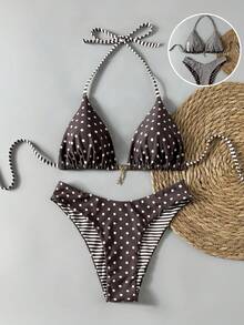 SHEIN Swim Mod 2件套夏季沙滩甜美度假畅销款咖啡底波点印花衬里条纹印花挂脖系带三角上衣搭配金属吊坠和双面三角比基尼泳衣 - 彩色 - 查看 3