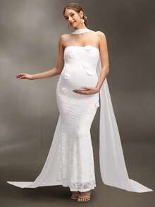 Cheriluna Maternity 优雅3D立体花卉孕妇长裙，雪纺装饰修身摄影礼服，春夏孕妇装 - 白色 - 查看 4