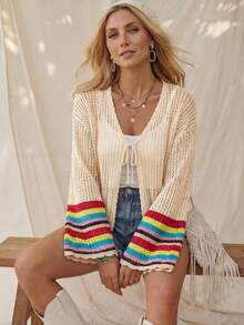 Wildy Áo khoác cardigan dệt kim sọc rỗng kiểu miền Tây nước Mỹ, trang phục cơ bản mùa hè cho nữ mặc hàng ngày, tay áo loe rộng rãi. - Nhiều màu - Xem 6