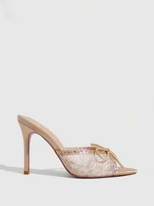 CUCCOO SZL Women Shoes Summer Elegant Rhinestone Bow Decorative Lace Heeled Sandals Summer Shoes - Champagne - View 2