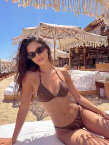 Swim Vcay New Women's Small Polka Dot Adjustable Halter Bikini Top, Triangle Bottoms And Skirt 3-Piece Swimsuit Set, Vacation Style, Women Vacation Outfit Sets, Women 3 Piece Sets Bathing Suit,Brown Polka Dot Print Bikini Swimsuit Set With Beach Skirt - Brown - View 9