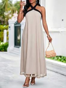 SHEIN Lady فستان نسائي كاجوال للعطلات بتصميم ظهر مكشوف وحاشية شراشيب ذو لون متباين - متعدد الألوان - مشاهدة 7