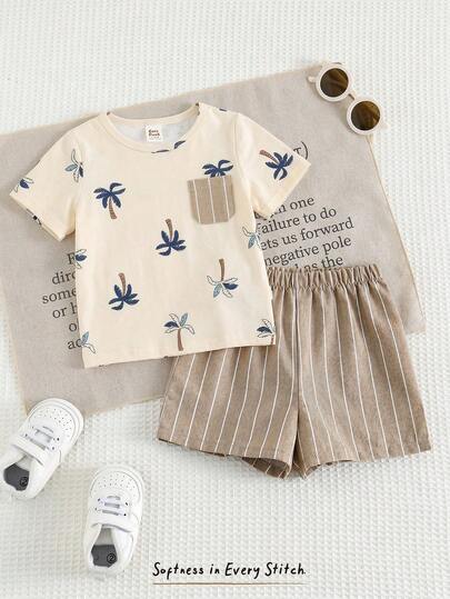 Cozy Pixies Set de 2 piezas de parte superior de manga corta con cuello polo y pantalones cortos de cintura elástica con estampado de animales de dibujos animados para bebé niño