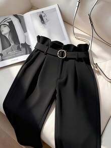 SHEIN PETITE Quần ống đứng cạp cao mới dành cho nữ, thích hợp cho mùa Thu/Đông. - màu đen - Xem 1