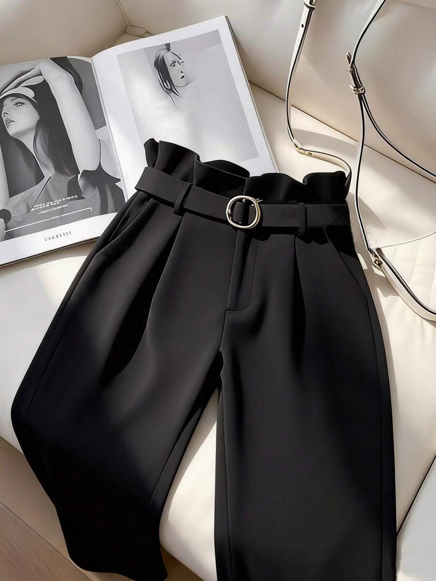 SHEIN PETITE Quần ống đứng cạp cao mới dành cho nữ, thích hợp cho mùa Thu/Đông. - màu đen - Xem 1