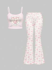 ROMWE Kawaii Spring/Summergraphicpink[Lingerie] Cute & Sexy Camisole & Flared Pants Set, Multi-Layer Waistband Ruched Sexy Lady Trousers - Pink - View 9