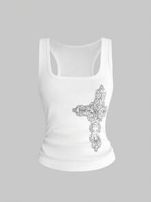 ROMWE Street Life Áo camisole bó sát, in họa tiết chữ thập phong cách grunge, đính đá, đã qua xử lý. - trắng - Xem 5