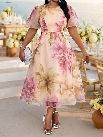 Fleurora Plus Size Women's Elegant Floral Print Flutter Sleeve Cinched Waist Chiffon Dress, Summer