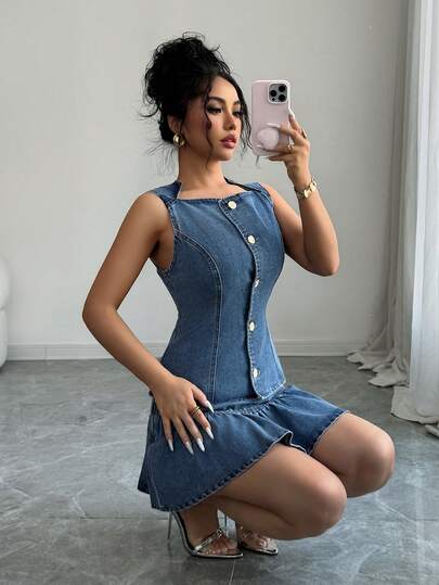 Elenzga Women's Elegant Sweet Casual Non-Stretch Casual Top With Ruffled Hem And Pleated A-Line Skirt Denim Suit