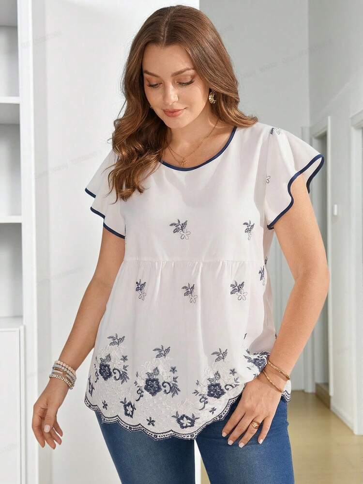 Plus Size Women's Summer Casual Vacation Country Ruffle Sleeve Short Sleeve Floral Embroidered White Blouse Top Shirt,Summer Outfits For Women,Spring/Summer,Summer/Vacation,Summer Holiday,Spring Break Outfits ,Vacation Outfits Women ,Holiday Outfits For Women,Going Out Outfits,2026 New Clothes,Simple And Fashionable For Everyday Wear,Suitable For Summer, Vacation, Daily Wear,Suitable For Summer, Vacation, Daily Wear,Country Concert Outfit , Women's Tops For Summer