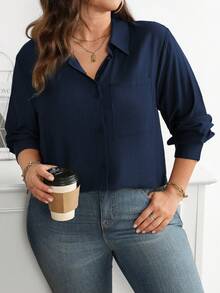 Vionelle Plus Size Solid Color Front Button Casual Long Sleeve Shirt Office Navy Blue Autumn - Navy Blue - View 1