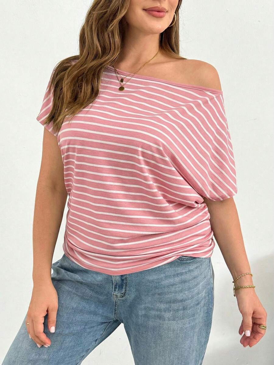 SHEIN Essnce Plus Size Women's Pastel Pink Striped Off-Shoulder Short-Sleeved T-Shirt,Summer Casual Everyday Loose Comfortable Slim Work Tops,Cruise Outfits - Pink - View 1