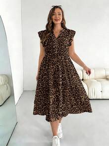 SHEIN Essnce Plus Size Women Leopard Print Short Sleeve Casual Vacation Dress, Coffee Color - Multicolor - View 5