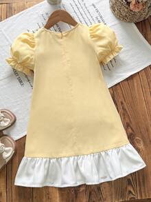 Young Girl Casual Daily Versatile Comfortable Fitted Round Neck Color Block Hem Dress Young Girl - Yellow - View 6