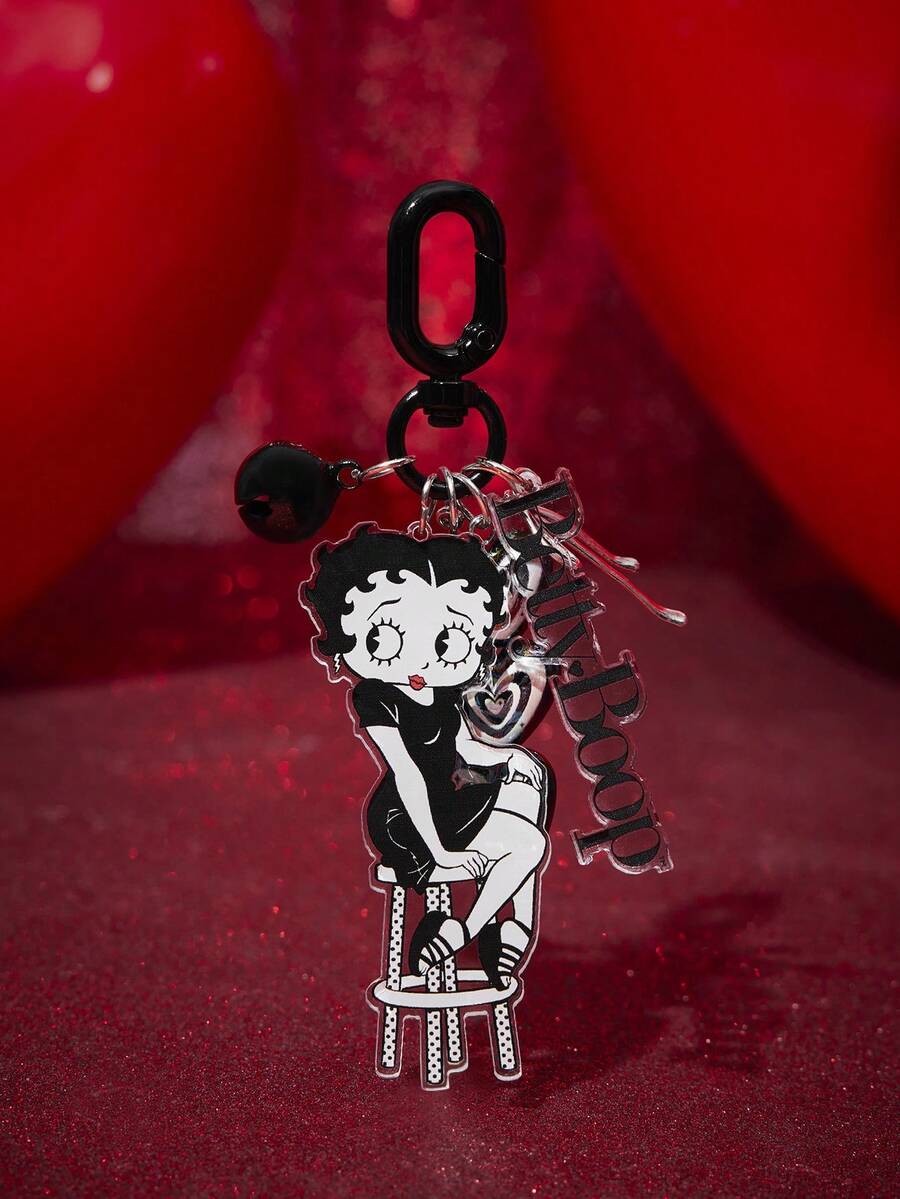 Betty Boop x SHEIN 1个贝蒂娃娃黑色剪影爱心钥匙扣吊坠创意桃心情侣包包吊坠配件 - 彩色 - 查看 1