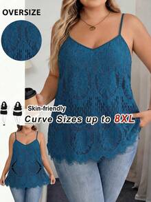 SHEIN CURVE+ 大码女式花卉蕾丝宽松优雅吊带背心，适合假日、秋季、冬季穿着，尺码齐全，适合曲线身材，夏季上衣 - 水鴨藍 - 查看 1