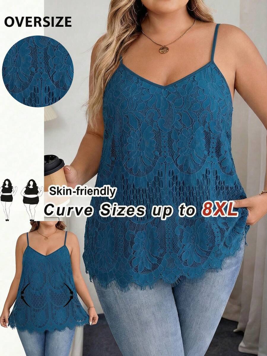 SHEIN CURVE+ 大码女式花卉蕾丝宽松优雅吊带背心，适合假日、秋季、冬季穿着，尺码齐全，适合曲线身材，夏季上衣 - 水鴨藍 - 查看 1