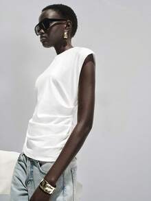 Lumivelle Women's Spring/Summer New Pure Cotton Round Neck Ruched Casual/Work T-Shirt, White - White - View 3