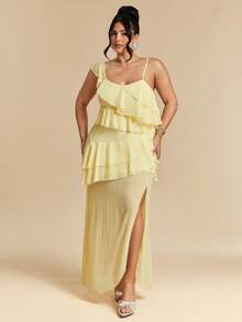 SHEIN BAE 大码女式纯色拼接荷叶边侧开衩优雅连衣裙 - 黃色 - 查看 6