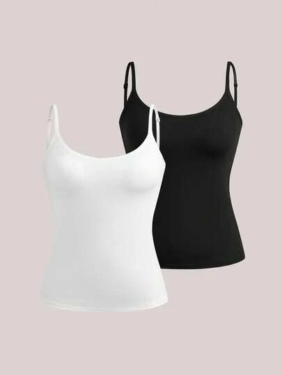 Veilyse 2pcs Camisole With Built-In Bra, Adjustable Straps, Solid Color For Women, Workout