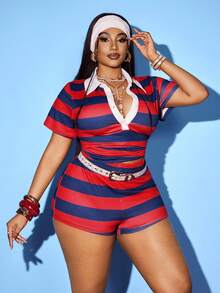 Maweii Damen Große Größen Retro Klassisch Gestreift Lässig Locker Kurzarm T-Shirt und Shorts 2-Teiliges Set - Verschiedenfarbig - Übersicht 2