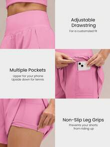 GLOWMODE 3" VitalSwift Quick-Dry High Slit Adjustable Drawstring Waist Shorts With Built-In Shorts Side Pockets Non-Slip Grips Running Gym Workout - Pink - View 3