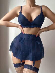 SHEIN 5 件套女士性感内衣套装（无钢圈文胸、丁字裤、迷你裙、2 件网袜） - 藏蓝色 - 查看 5
