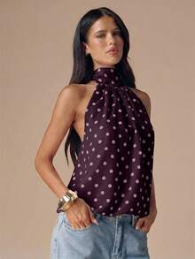 SHEIN BAE 黑白波点露背吊带性感短款上衣，适合音乐节、度假等场合。 - 紫紅色 - 查看 5