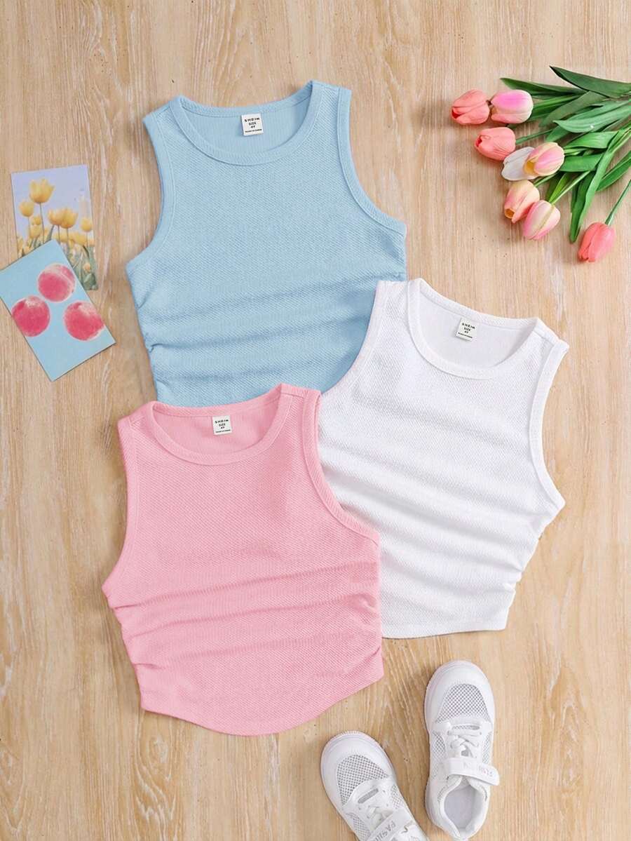 SHEIN 3件套少女纯色针织高领修身休闲短款背心套装 - 淺藍色 - 查看 1