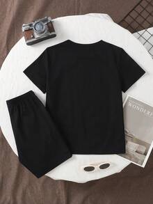 SHEIN Vacaura Jungen Frühling/Sommer Neuer Lächelndes Gesicht Muster Rundhals Kurzarm Blau Set, Lässig & Vielseitig für den Alltag - Schwarz - Übersicht 2
