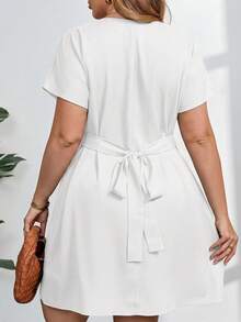 SHEIN Clasi Plus Size Solid Color Notched Neck Belted Elegant Summer Dress For Women - White - View 2