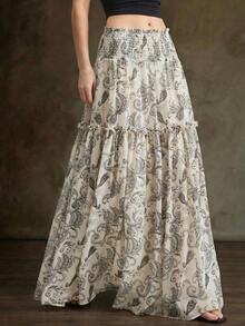 Ontre 2026春夏新款女式半身裙，梭织面料，荷叶边下摆，收腰A字廓形，腰果花卉印花，适合下午茶、独立日、浪漫约会、办公穿着、度假装扮 - 彩色 - 查看 1