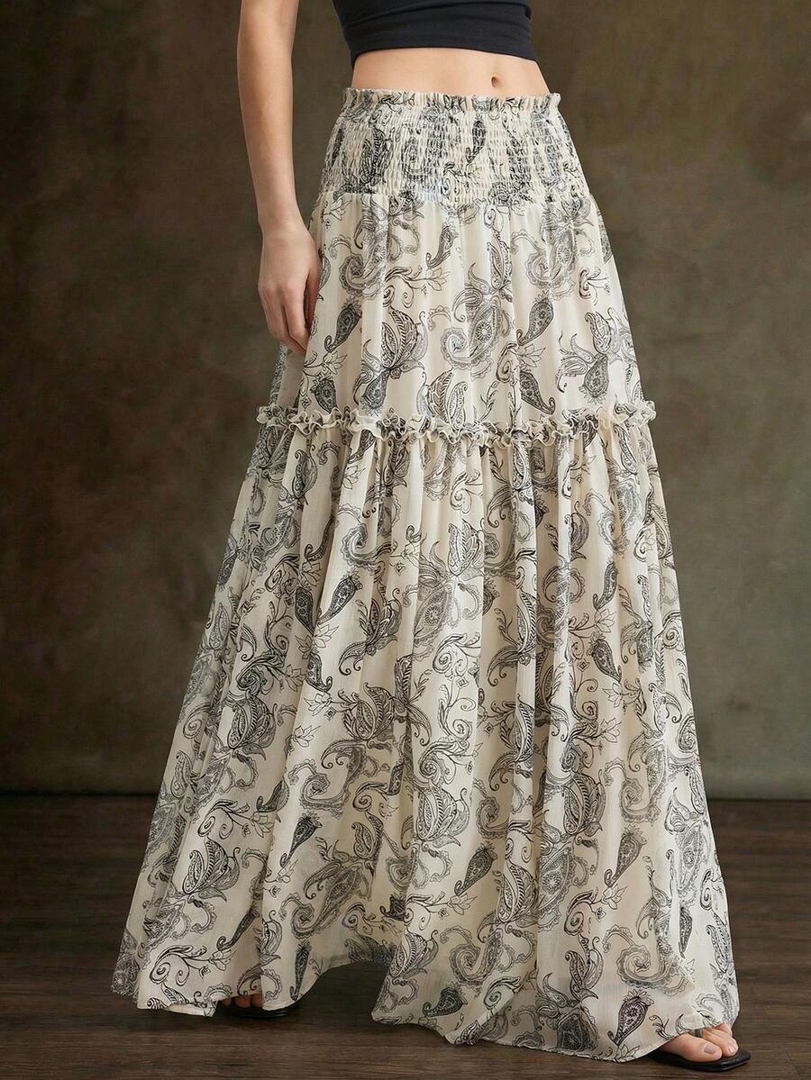 Ontre 2026春夏新款女式半身裙，梭织面料，荷叶边下摆，收腰A字廓形，腰果花卉印花，适合下午茶、独立日、浪漫约会、办公穿着、度假装扮 - 彩色 - 查看 1