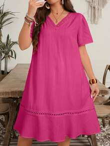 EMERY ROSE Plus Size Women V-Neck Short Sleeve Casual Dress - Hot Pink - View 2
