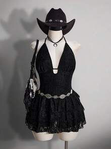 SHEIN ICON 大码女士蕾丝拼接露背系带性感约会之夜连衣裙 - 黑色 - 查看 1