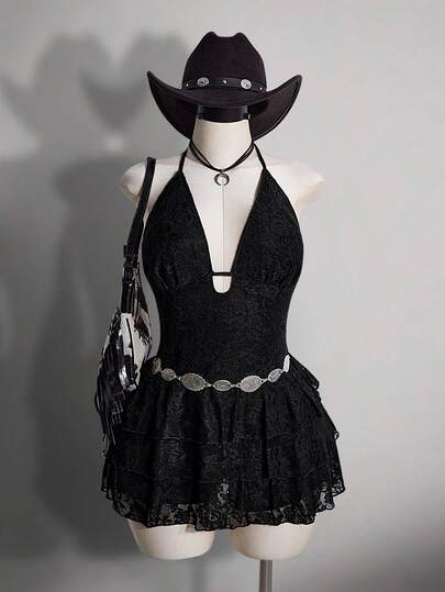 SHEIN ICON Vestido sexy de noche con escote halter y parches de encaje para mujer de talla grande