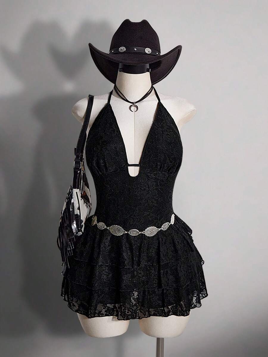 SHEIN ICON 大码女士蕾丝拼接露背系带性感约会之夜连衣裙 - 黑色 - 查看 1