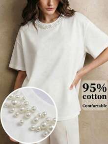 Anewsta Camiseta elegante de mujer con adornos de strass, adecuada para el uso diario - Blanco - Ver 4